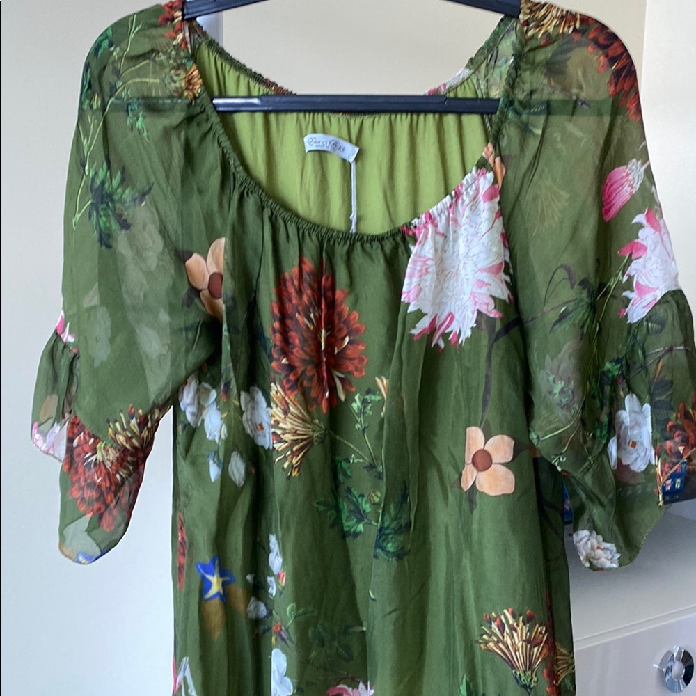 Green Floral Midi Dress with 3/4 Bishop Sleeves, size L